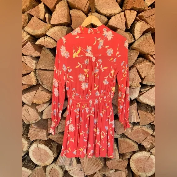 Free People Women’s XS Prairie Western Red Floral Dress Boho Puff Sleeve Peasant - Picture 7 of 12